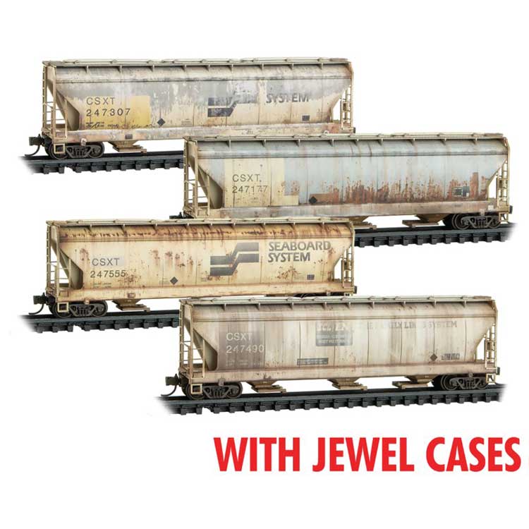 Micro-Trains ACF 3-Bay Center Flow Covered Hopper w/Elongated Hatches 4 Pack - Ready to Run -- CSX #247307, 247177, 247555, 247490 (Ex-FLS, Weathered, beige)