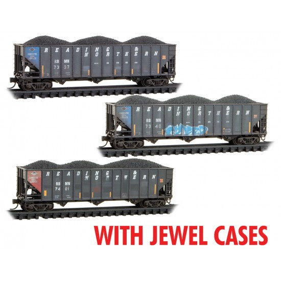 Micro-Trains N 100-Ton 3-Bay Ribside Open Hopper w/Coal Load 3-Pack - Ready to Run -- Reading, Blue Mountain & Northern RBMN #7337, 7401, 7340 (Weathered, graffiti)