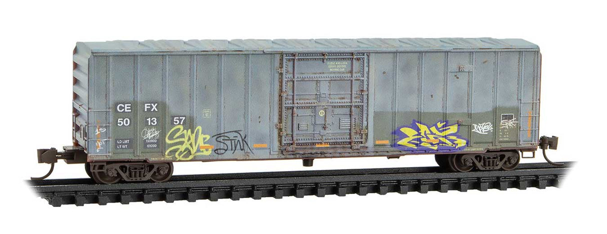 Micro-Trains N 50' Rib-Side Plug-Door Boxcar No Roofwalk 2-Pack - Ready to Run -- CIT Leasing CEFX #501357, 501348 (weathered, gray, yellow conpicuity marks,