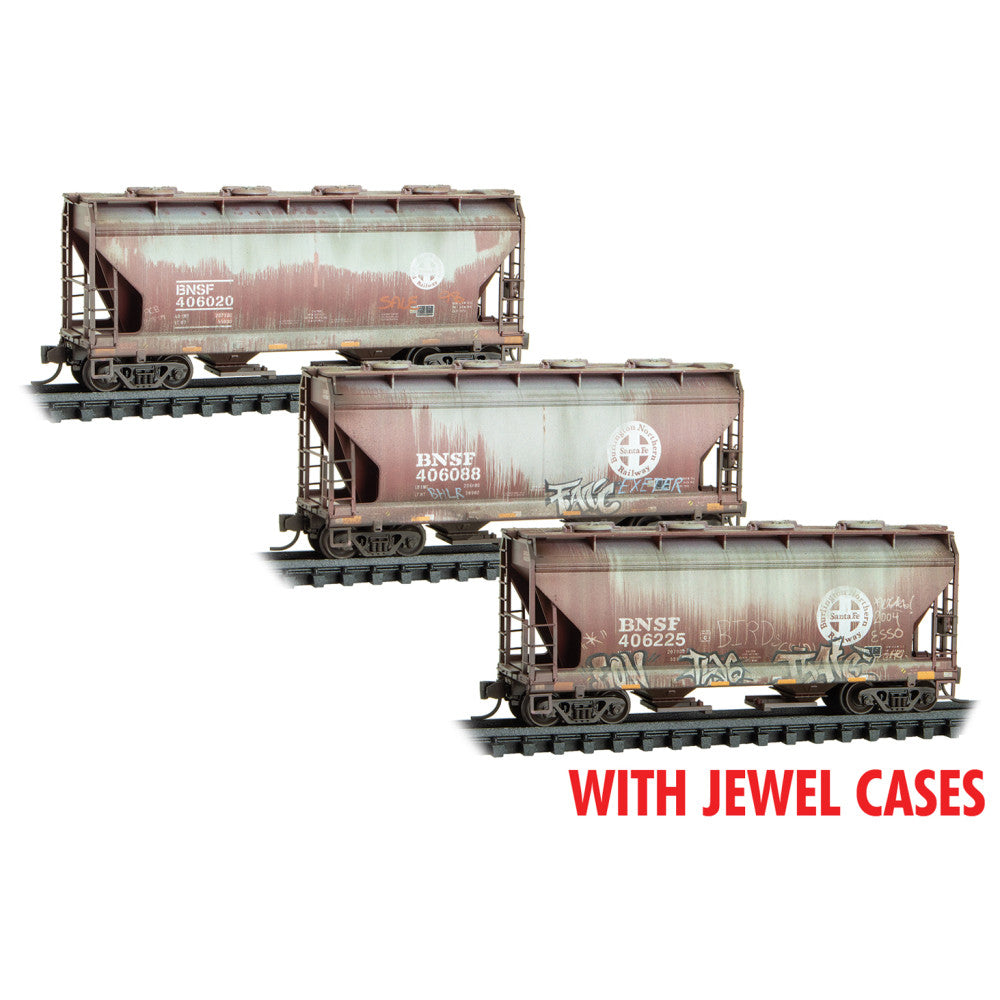 ACF 39' 2-Bay Center-Flow Covered Hopper 3-Pack - Round Hatches - Ready to Run -- BNSF Railway #406020, 406225, 406088 (Weathered, Boxcar Red, Graffiti)