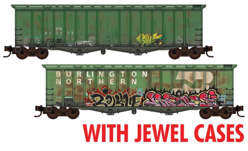 Micro-Trains N 50' Airslide Covered Hopper 2-Pack - Ready to Run -- Burlington Northern #413223, 413368 (Weathered, Cascade Green, white, graffi