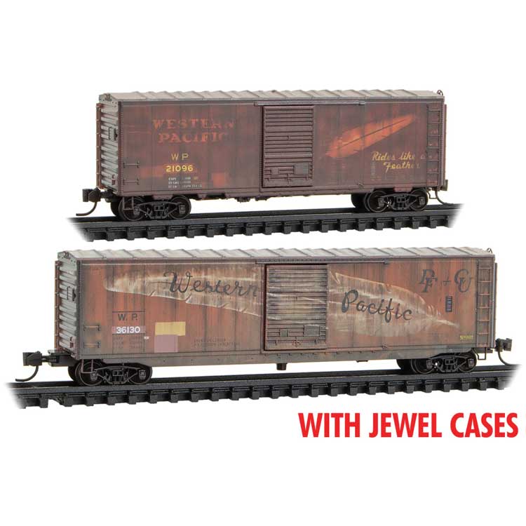 Micro-Trains N 40' & 50' Single-Door Boxcar Set - No Roofwalks - Ready to Run -- Western Pacific #21096, 36130 (Weathered, Boxcar Red, 2 Schemes, Feather Logo)