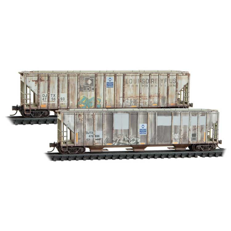Evans 100-Ton 3-Bay Covered Hopper 2-Pack - Ready to Run -- David J Joseph DJTX #475696, 475693 (Ex-Louis Dreyfus, Weathered, graffiti)