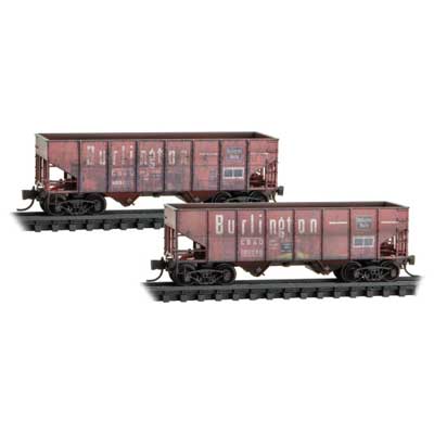 33' 2-Bay Rib-Side Hopper 2-Pack - Ready to Run -- Chicago, Burlington & Quincy #189248, 189023 (Weathered, red, white)