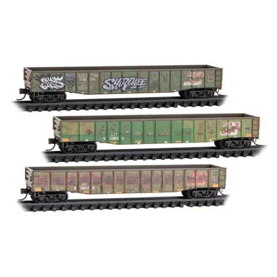 50' 15-Panel Fixed-End Gondola 3-Pack - Ready to Run -- Burlington Northern #559637, 559640, 559649 (Weathered, green, graffiti)