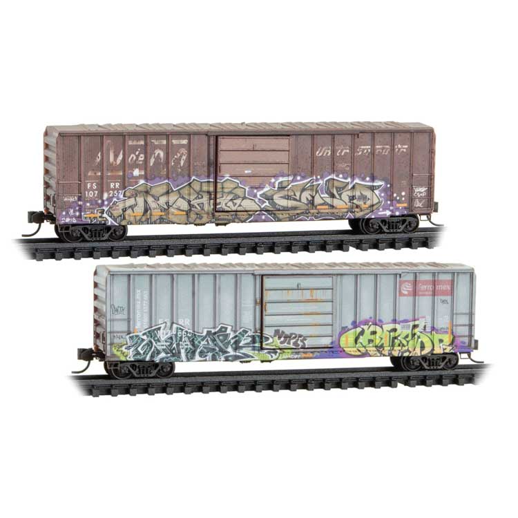 50' Rib-Side Single-Door Boxcar No Roofwalk 2-Pack - Ready to Run -- Ferrocarril del Sureste FSRR #107257, 107860 (Weathered, 2 schemes, graffiti