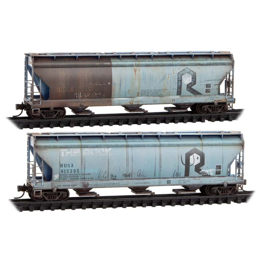 Micro-Trains N ACF 3-Bay Center Flow Covered Hopper w/Elongated Hatches 2-Pack - Ready to Run -- First Union Rail RUSX #815396, 800039 (Weathered, Ex-RI, blue, graffiti)