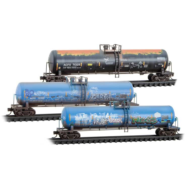 Micro-Trains 983 05 101 N 56' General-Service Tank Car 3-Pack - Ready to Run -- ACFX #71329, 72393, 72410 (Weathered, 2 blue & 1 black car, graffiti)