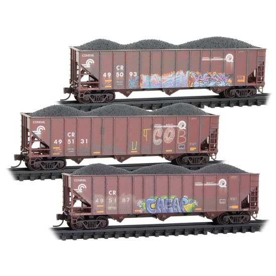 Micro-Trains 983 05 103 N 100-Ton 3-Bay Ribside Open Hopper w/Coal Load 3-Pack - Ready to Run -- Conrail #495093, 495131, 495187 (Weathered, Boxcar Red, Quality Logo, graffiti)