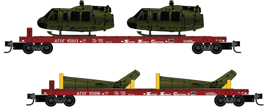 Micro-Trains by Atlas 983 102 292 N-Scale 57' Converted TOFC Flat Car w/ Helicopter Load (2-Pack) - Santa Fe (ATSF) #95013, 95016