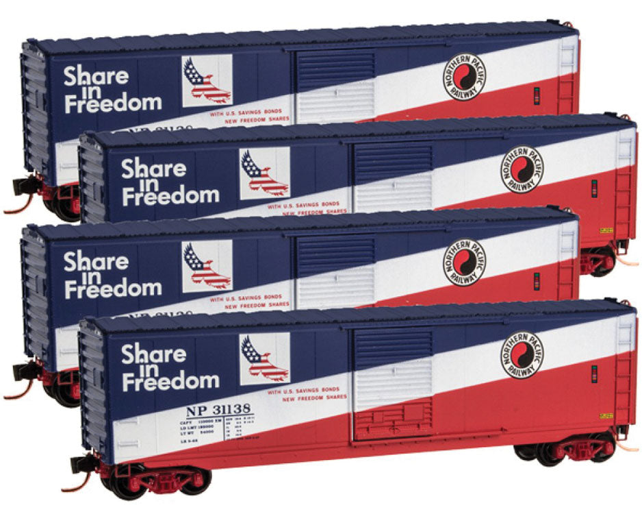 Micro-Trains 50' Single-Door Boxcar No Roofwalk 4-Car Runner Pack - Ready to Run -- Northern Pacific #31138, 31226, 31250, 31309 (red, white, blue, Savings Bond - 489-99300106