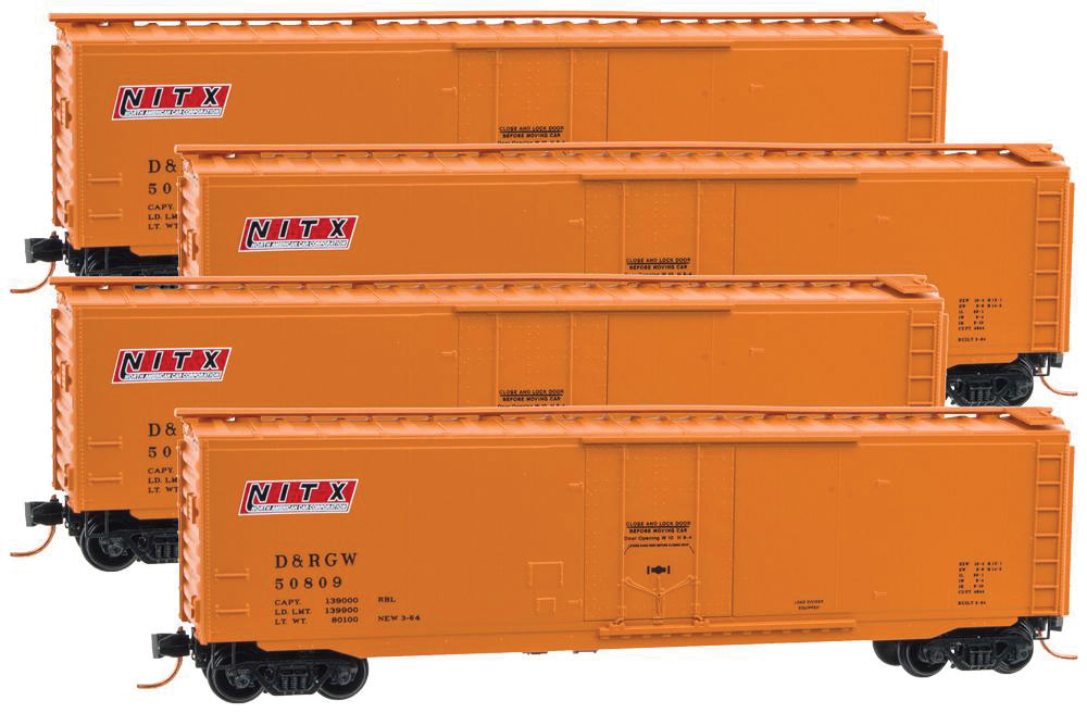 Micro-Trains 50' Plug-Door Boxcar 4-Car Runner Pack - Ready to Run -- Denver & Rio Grande Western #50809, 50835, 50852, 50867 (NITX Lease, orange) - 489-99300117