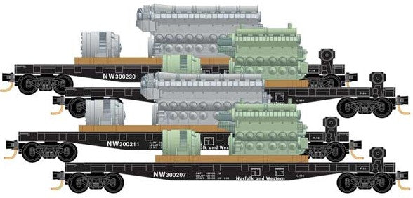 Micro-Trains 50' Fishbelly-Side Flatcar, Side Brake Wheel, Engine Load 4-Pack - Ready to -- Norfolk & Western 300207, 300211, 300222, 300230 (black, NW Logo) - 489-99300159