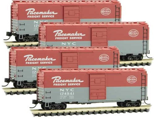 Micro-Trains 40' Single-Door Boxcar 4-Pack - Ready to Run -- New York Central 174942, 174858, 174937, 174956 (Pacemaker, gray, red) - 489-99300160