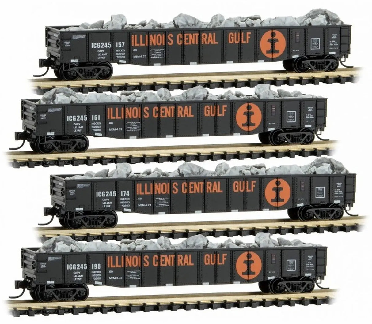 Micro-Trains 50' 14-Panel Covered Gondola Fixed Ends 4-Pack Large Stone Load - Ready to Run -- Illinois Central Gulf 245157, 245161, 245174, 245198 (black, orange) - 489-99300161