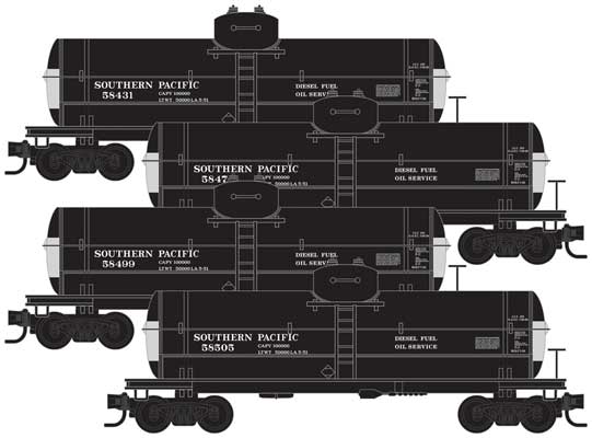 Micro-Trains 39' Single-Dome Tank Car 4-Pack - Ready to Run -- Southern Pacific #58431, 58478, 58499, 58505 (black, gray; Diesel Fuel) - 489-99300163