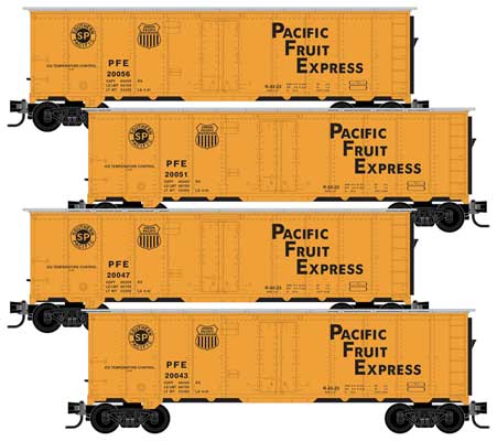 Micro-Trains 40' Steel Ice Reefer 4-Pack - Ready to Run -- Pacific Fruit Express 20043, 20047, 20051, 20056 (orange, silver, black Logo - 489-99300175