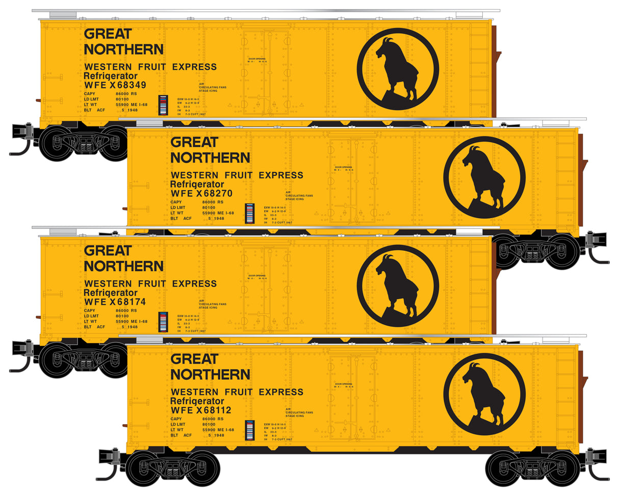 Micro-Trains 40' Steel Ice Reefer 4-Pack - Ready to Run -- Great Northern WFEX 68112, 68174, 68270, 58349 (yellow, silver, Rocky Logo) - 489-99300179