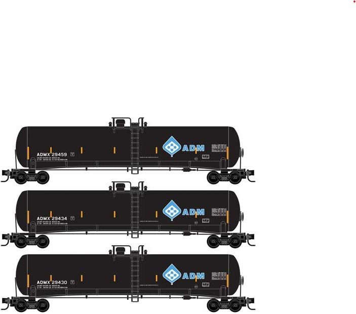 Micro-Trains 56' General-Service Tank Car 3-Pack - Ready to Run -- Archer-Daniels-Midland 29430, 39434, 39459 (black, blue, Molecule Logo, yell - 489-99300180