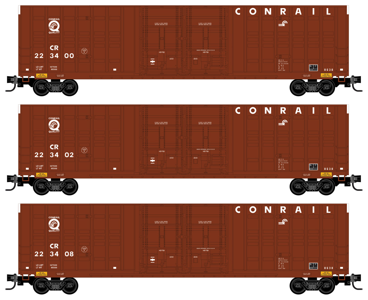 Micro-Trains Berwick 60' Excess-Height Waffle-Side Double Plug-Door Boxcar 3-Pack - Ready t -- Conrail 223400, 223402, 223408 (Boxcar Red, Small CR and Q Logos) - 489-99300181