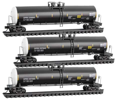 Micro-Trains 56' General-Service Tank Car 3-Pack - Ready to Run -- Deep Rock 257085, 257842, 258861 (black, white, yellow conspicuity marks) - 489-99300184