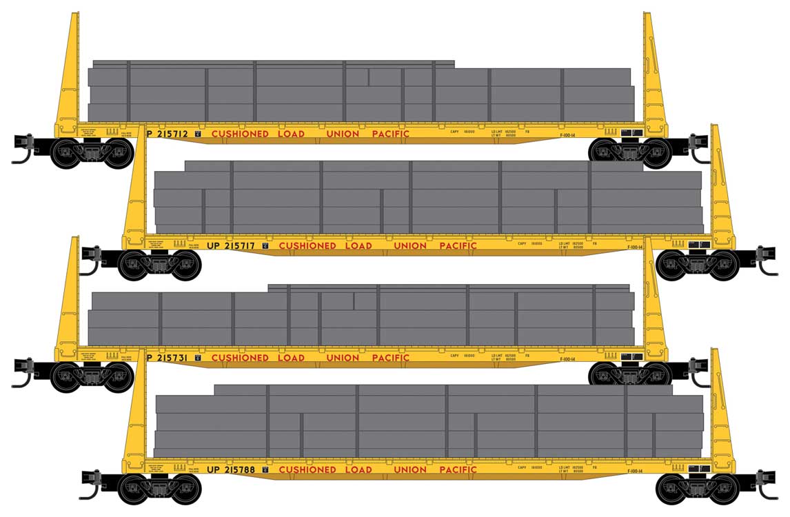 Micro-Trains 61' 8" Bulkhead Flatcar with Load - Ready to Run -- Union Pacific 215712, 215717, 215731, 215788 (yellow, red) ` - 489-99300185