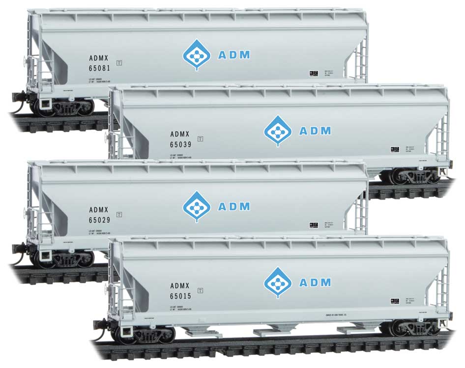 Micro-Trains ACF 3-Bay Center Flow Covered Hopper w/Elongated Hatches 4-Pack - Ready to Run -- Archer-Daniels-Midland 65015, 65029, 65039, 65081 (gray, blue) - 489-99300186