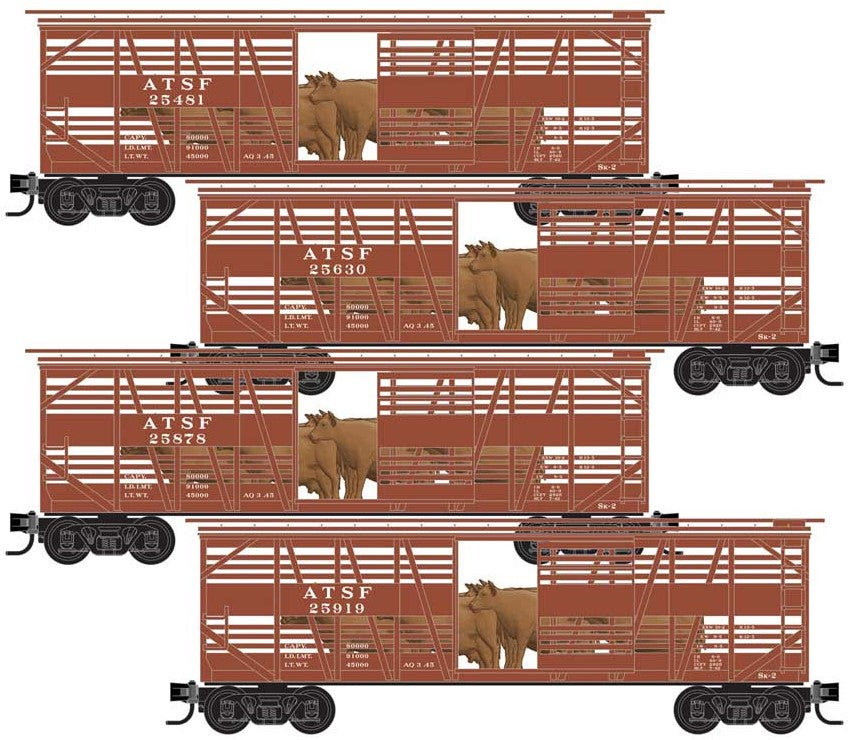 Micro-Trains 40' Despatch Stock Car w/Load 4-Pack - Ready to Run -- Santa Fe #25481, 25630, 25878, 25919 - 489-99300188