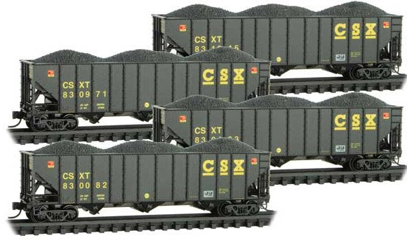 Micro-Trains 100-Ton 3-Bay Ribside Open Hopper w/Coal Load 4-Pack - Ready to Run -- CSX #830082, 830463, 830971, 831045 (black, yellow) - 489-99300189