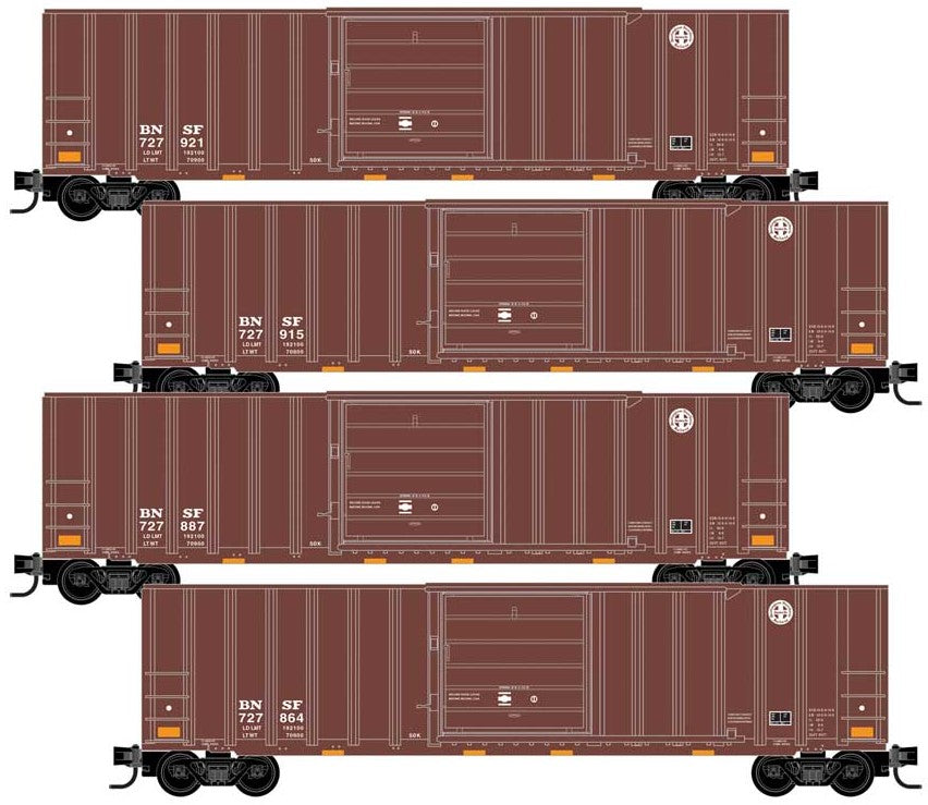 Micro-Trains 50' Rib-Side Single-Door Boxcar No Roofwalk 4-Pack - Ready to Run -- BNSF Railway #727864, 727887, 727915, 727921 (Boxcar Red) - 489-99300193