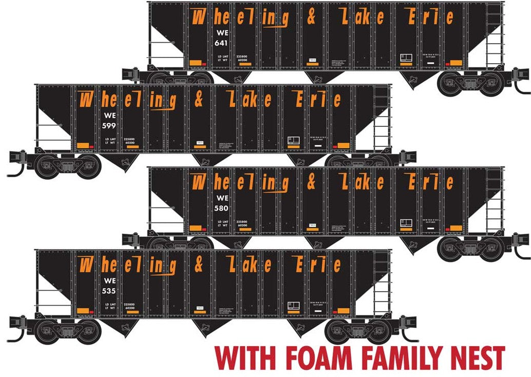 Micro-Trains 100-Ton 3-Bay Ribside Open Hopper w/Coal Load 4-Pack - Ready to Run -- Wheeling & Lake Erie #535, 580, 599, 641 (Foam Nest, black, orange) - 489-99300194