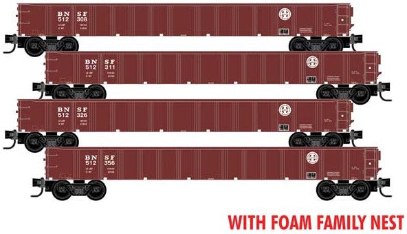 Micro-Trains 50' 15-Panel Fixed-End Gondola 4-Pack in Foam Nest - Ready to Run -- BNSF Railway #512308, 512311, 512326, 512356 (Boxcar Red, Circle/Cross Logo) - 489-99300198