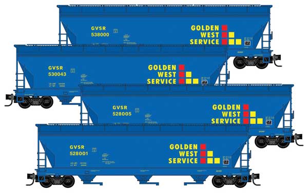 Micro-Trains ACF 3-Bay Center Flow Covered Hopper w/Elongated Hatches 4-Pack - Ready to Run -- Golden West Service GVSR #528001, 528005, 530043, 538000 Foam (blue, yellow - 489-99300199