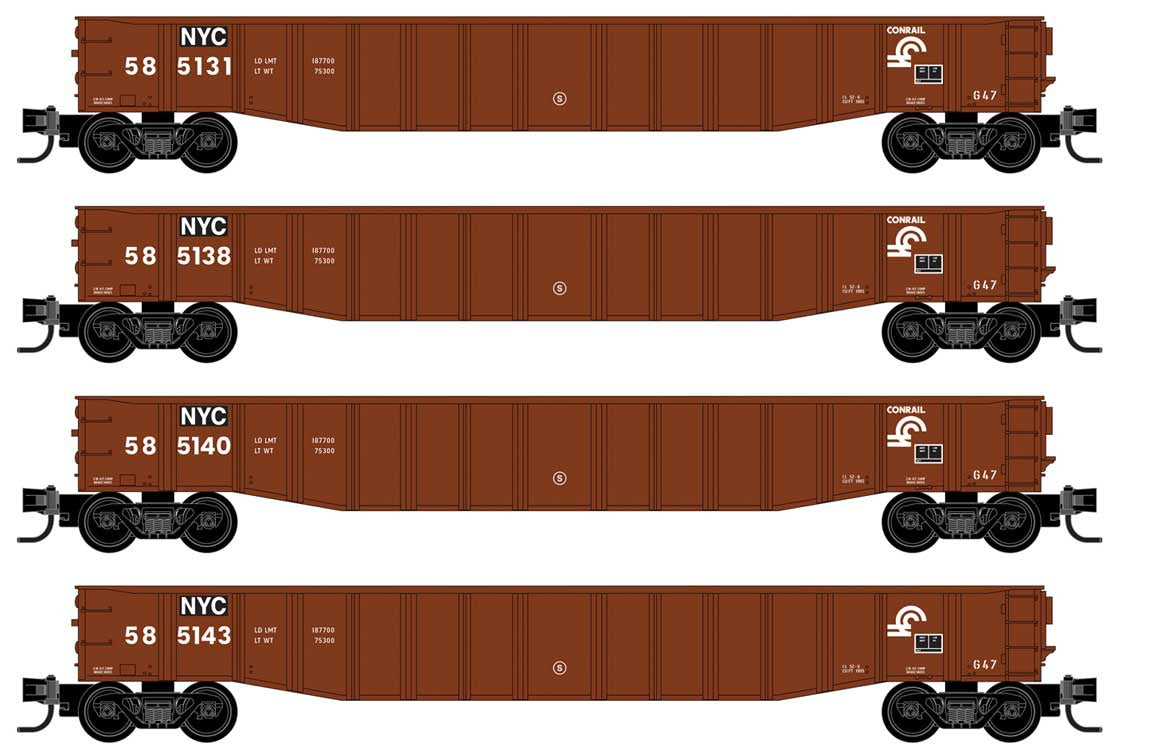 Micro-Trains N 50' 15-Panel Fixed-End Gondola 4-Pack in Foam Nest - Ready to Run -- Conrail #585131, 585138, 585140, 585143 (Boxcar Red)