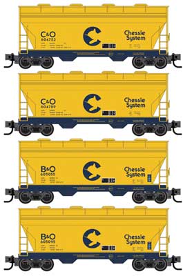 Micro-Trains ACF 39' 2-Bay Center-Flow Covered Hopper Round Hatches 4-Pack - Ready to Run -- Chessie System B&O #604752, 604789, 605055, 605095 (yellow, blue) Foam Nest - 489-99300213