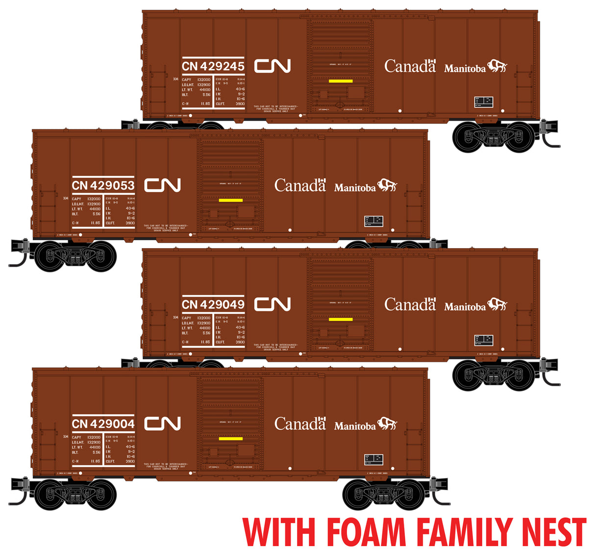 40' Single Door Boxcar 4-PackFoam Nest - No Roofwalk - Ready to Run -- Canadian National #429004, 429049, 429053, 429245 (Boxcar Red, Buffalo)