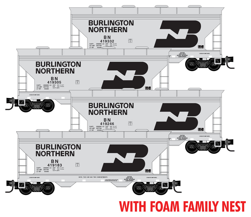 ACF 39' 2-Bay Center-Flow Covered Hopper 4-Pack, Ready to Run, Foam Nest -- Burlington Northern #419183, 419246, 419305, 419332 (gray, black, Large Logo