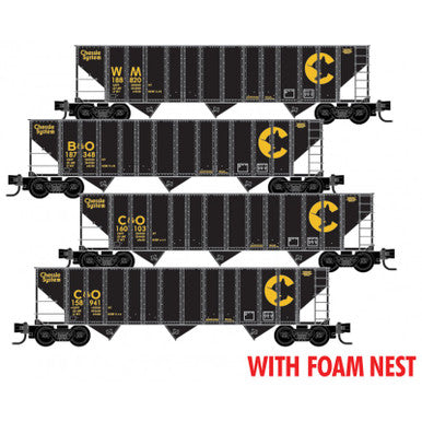 Micro-Trains 100-Ton 3-Bay Ribside Open Hopper w/Coal Load 4-Pack - Ready to Run - Foam Nes -- Chessie System WM #188820, B&O #187348, C&O #160103, 158941 (black, yellow) - 489-99300217
