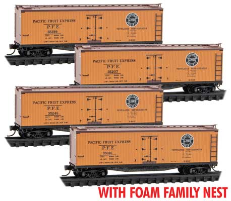 40' Wood Reefer w/Vertical Brake Wheel 4-Pack - Ready to Run - Foam Nest -- Pacific Fruit Express #35316, 35248, 35207, 35199, yellow, UP Overland Logo)