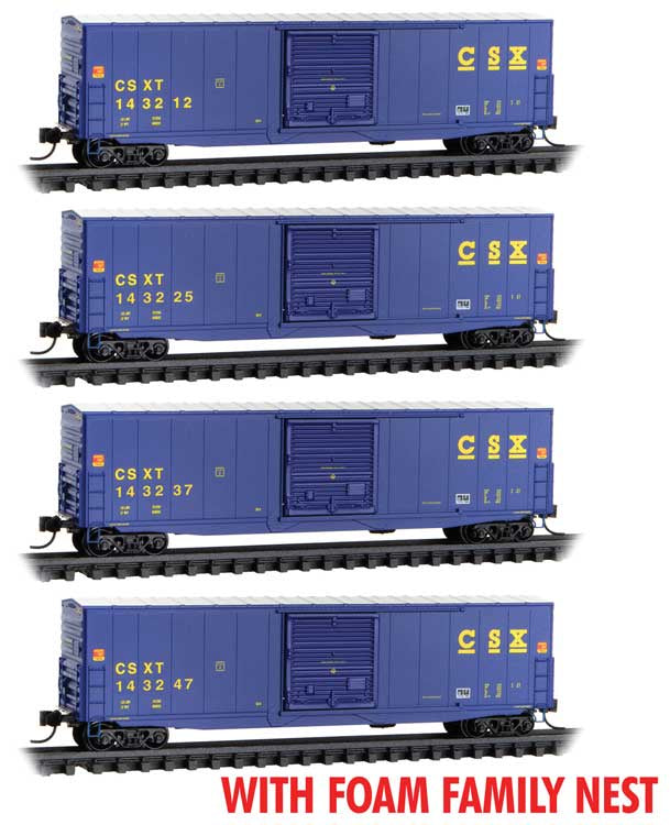 Micro-Trains N 50' Boxcar with 10' Door, No Roofwalk 4-Pack - Ready to Run Foam Nest -- CSX #143237, 143247, 143225, 143212 (blue, yellow)