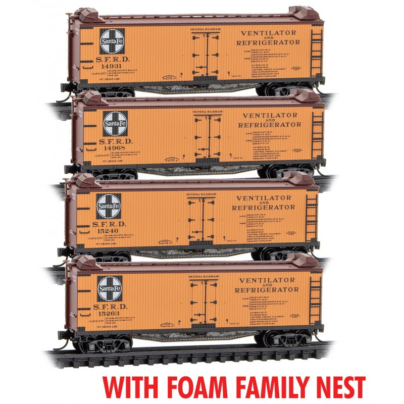 Micro-Trains N 40' Double-Sheathed Wood Reefer 4-Pack - Ready to Run - Foam Nest -- Santa Fe #14931, 14968, 15246, 15263 (Early, orange, black)