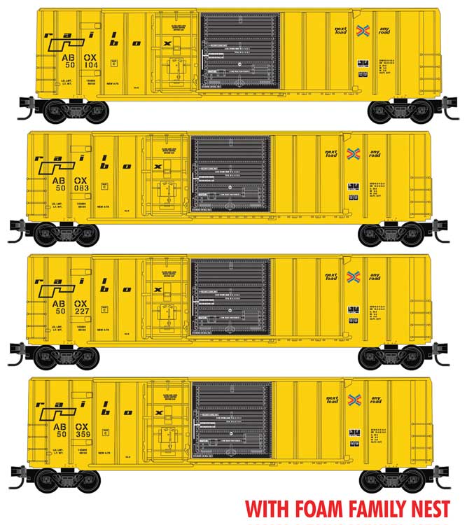 50' Rib-Side Plug & Sliding Door Boxcar 4-Pack - Ready to Run - Foam Nest -- Railbox #50083, 50104, 50227, 50359, yellow, black, Small Logos)