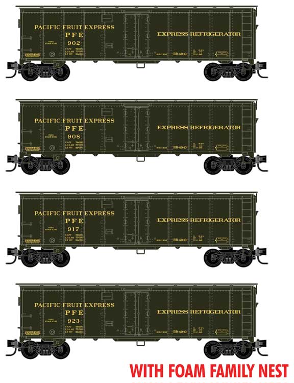 Micro-Trains 40' Steel Ice Reefer w/Preco Fan 4-Pack - Ready to Run - Foam Nest -- Pacific Fruit Express #902, 908, 917, 923 (Pullman Green, Express Service)