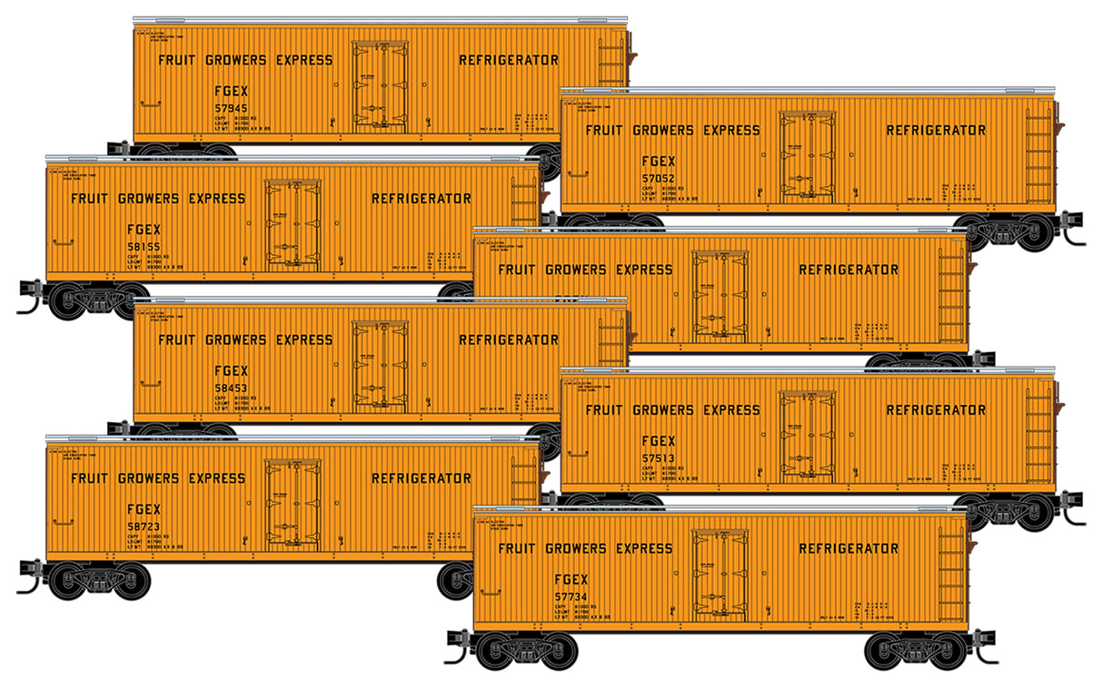 Micro-Trains 489-99300823 40' Double-Sheathed Wood Reefer 8-Pack - Ready to Run -- Fruit Growers Express (Weathered, yellow, silver) - 489-99300823