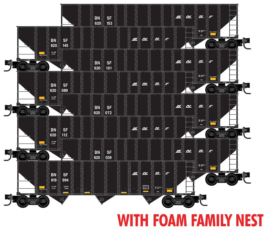 100-Ton 3-Bay Ribside Open Hopper w/Coal Load 8-Pack - Ready to Run Foam Nest -- BNSF Railway #620153, 620145, 620101, 620072, 620112, 620039, 619994 (black)