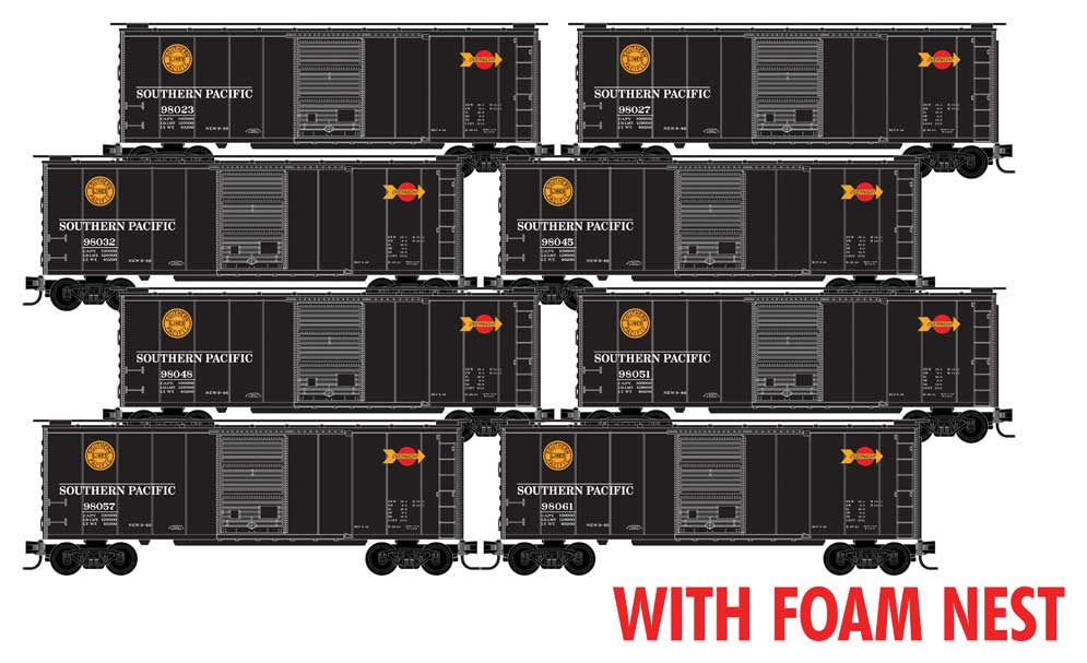 40' Single-Door Boxcar 8-Pack - Ready to Run - Jewel Case -- Southern Pacific (Overnights, black, red, yellow) - 993 00 827