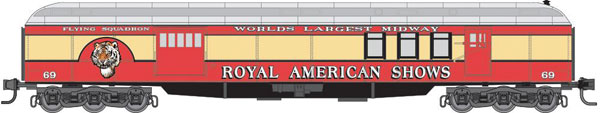 Micro-Trains N Heavyweight 3-Car Runner Pack - Ready to Run -- 2 Baggage-Mail & Coach, Royal American Shows (red, yellow, silver)