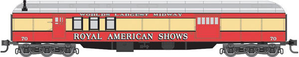Micro-Trains N Heavyweight 3-Car Runner Pack - Ready to Run -- 2 Baggage-Mail & Coach, Royal American Shows (red, yellow, silver)