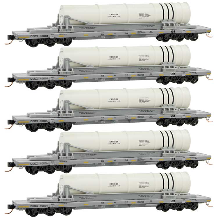 Micro-Trains Department of Defense 6-Axle 68' Flatcar w/Booster Rocket 5-Pack - Ready to Ru -- Department of Defense DODX #40001, 40002, 40003, 40004, 40005 (gray, yellow) - 489-99301640