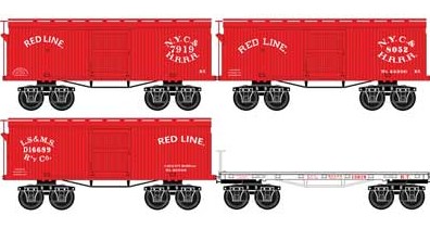 Micro-Trains Civil War Era 3 26' Wood Boxcar and Flatcar Set - Ready to Run -- Red Line NYC&HR 7919, 8052, 15019, LS&MS 16689 - 489-99301770